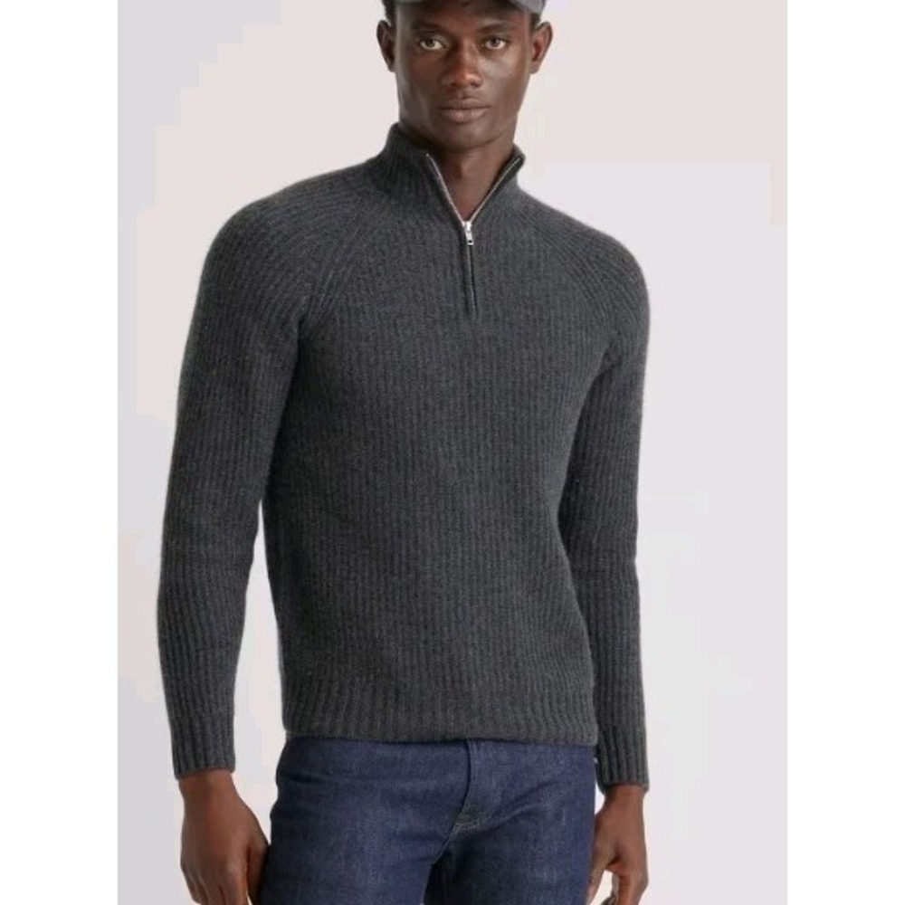 Quince Mongolian Cashmere Fisherman Sweater Mens L Charcoal Quarter Zip Nautical